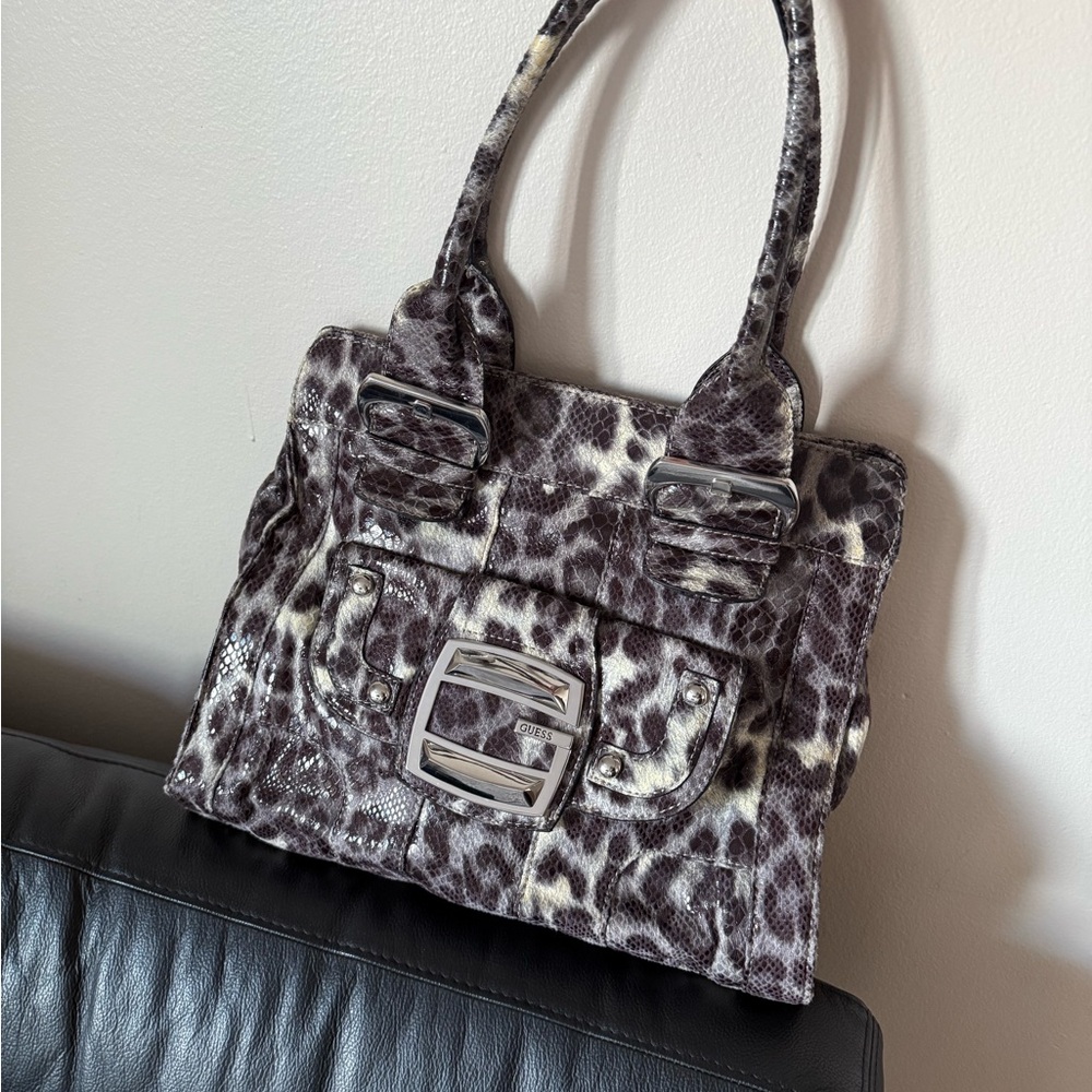Guess Animal Print Shoulder Bag with Silver Accents